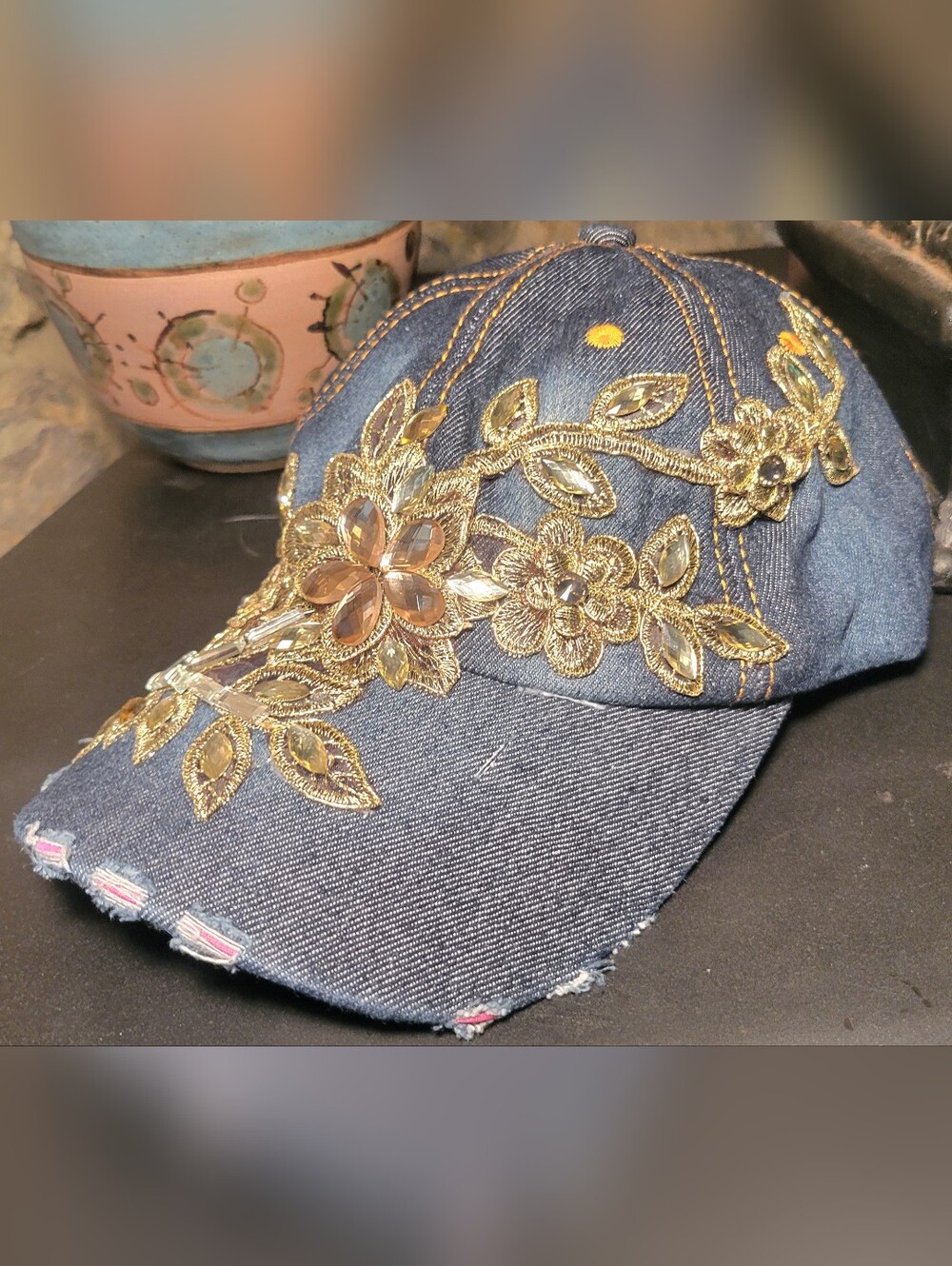 Y2K McBling Dark Denim Baseball Cap Rhinestone Floral Glam Distressed Hat